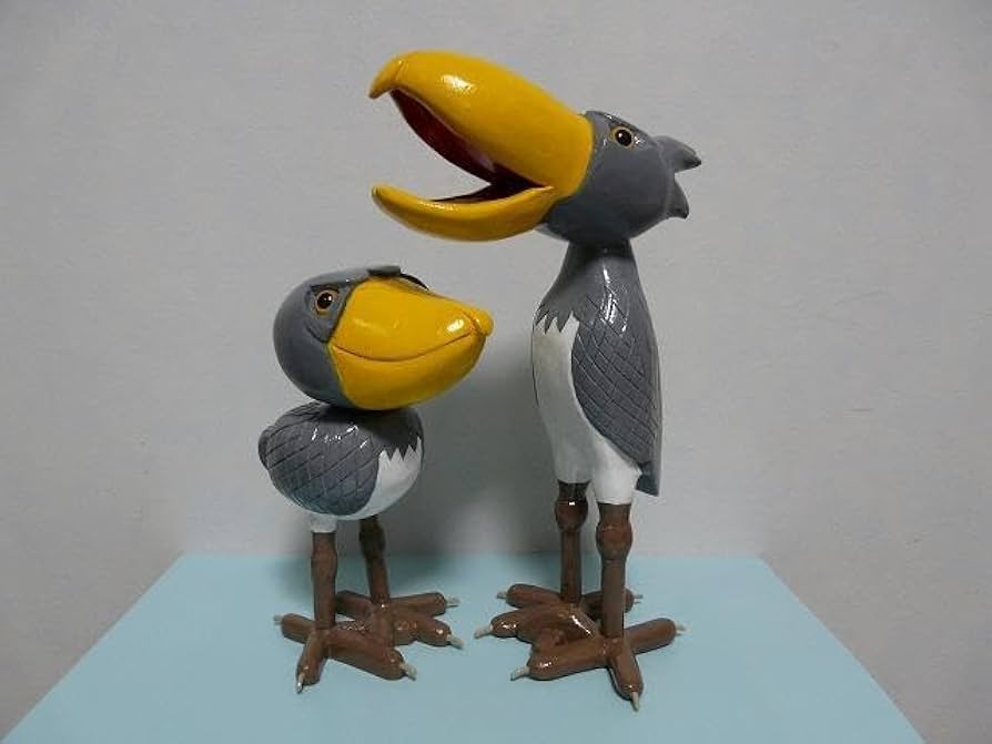 木彫り　置物　ハシビロコウ親子 木彫り置物ハシビロコウ_親子